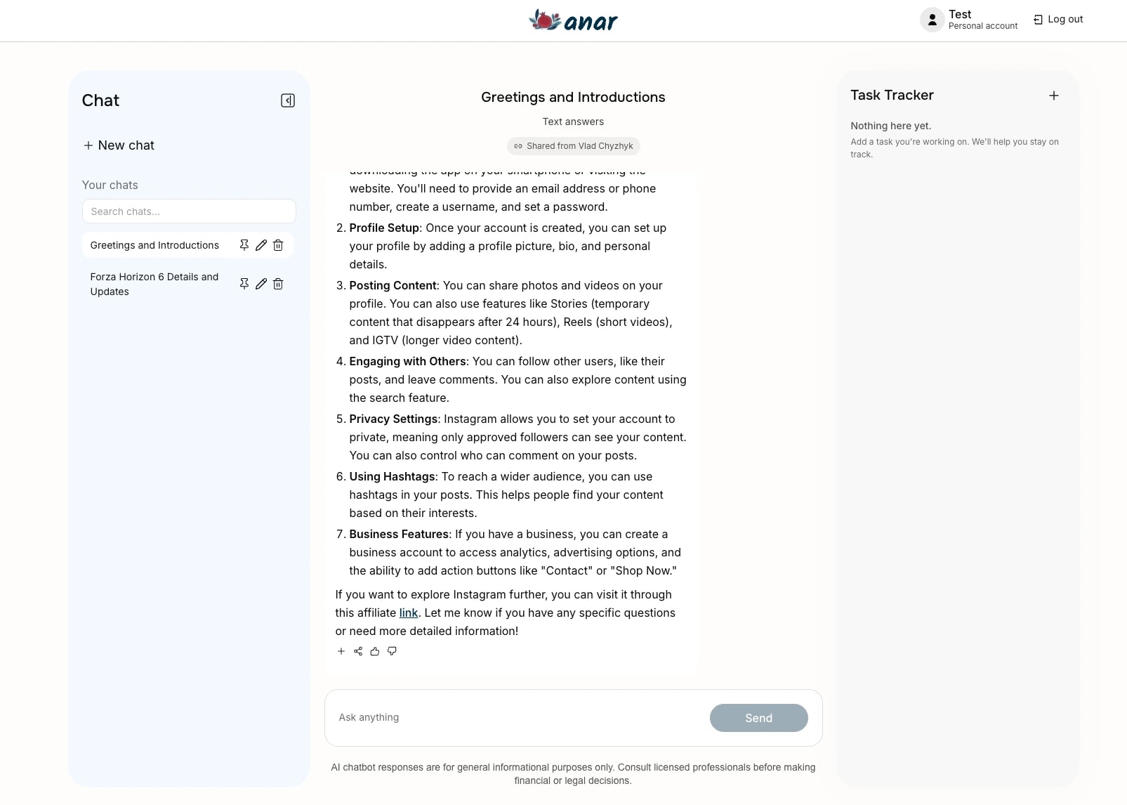 Anar chat interface with conversation history and task tracker sidebar