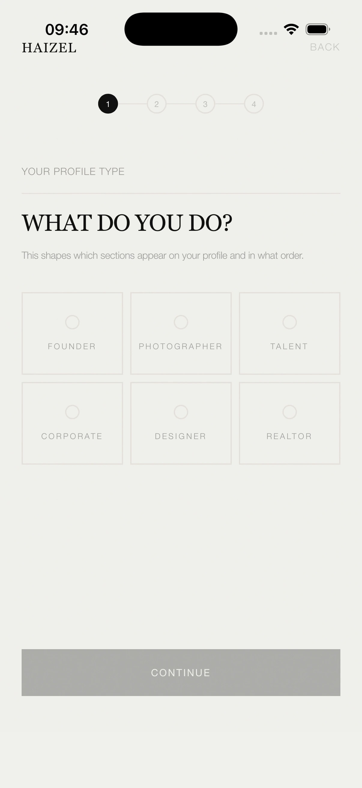 HAIZEL onboarding role picker — founder, photographer, talent, corporate, designer, realtor