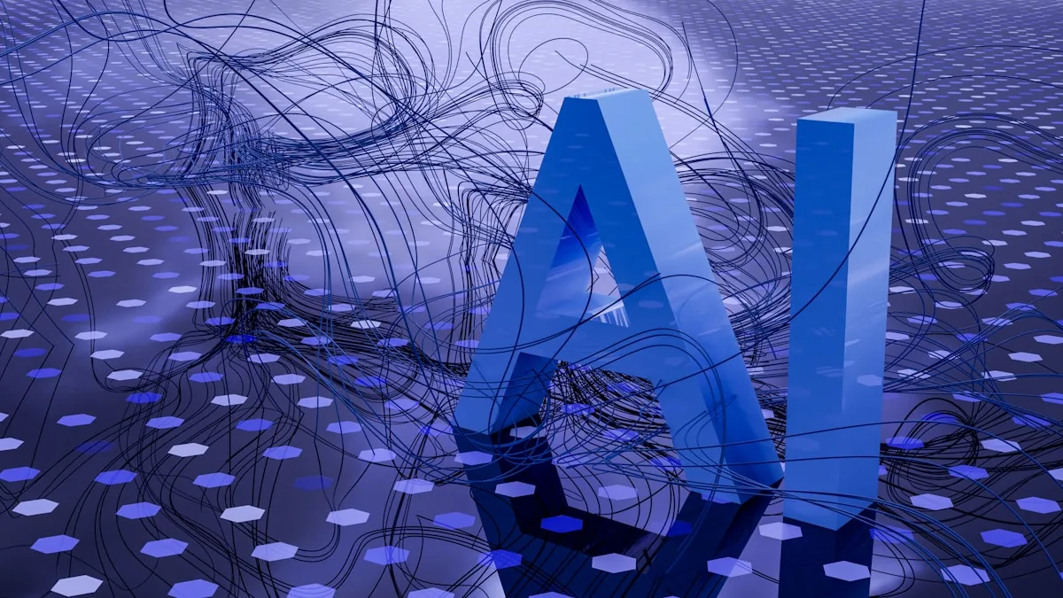 3D rendered ai text on dark digital background