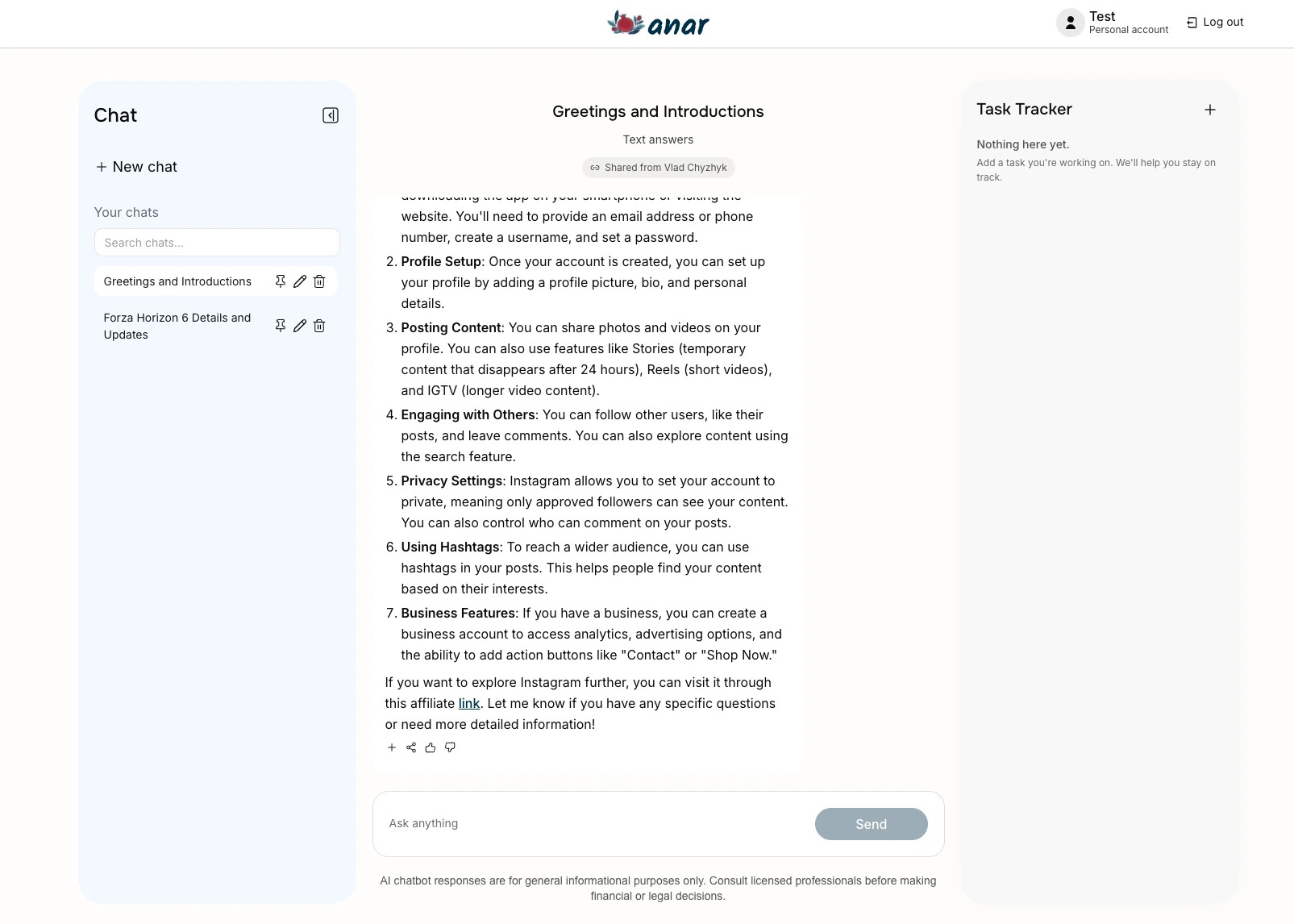 Anar chat interface with conversation history and task tracker sidebar