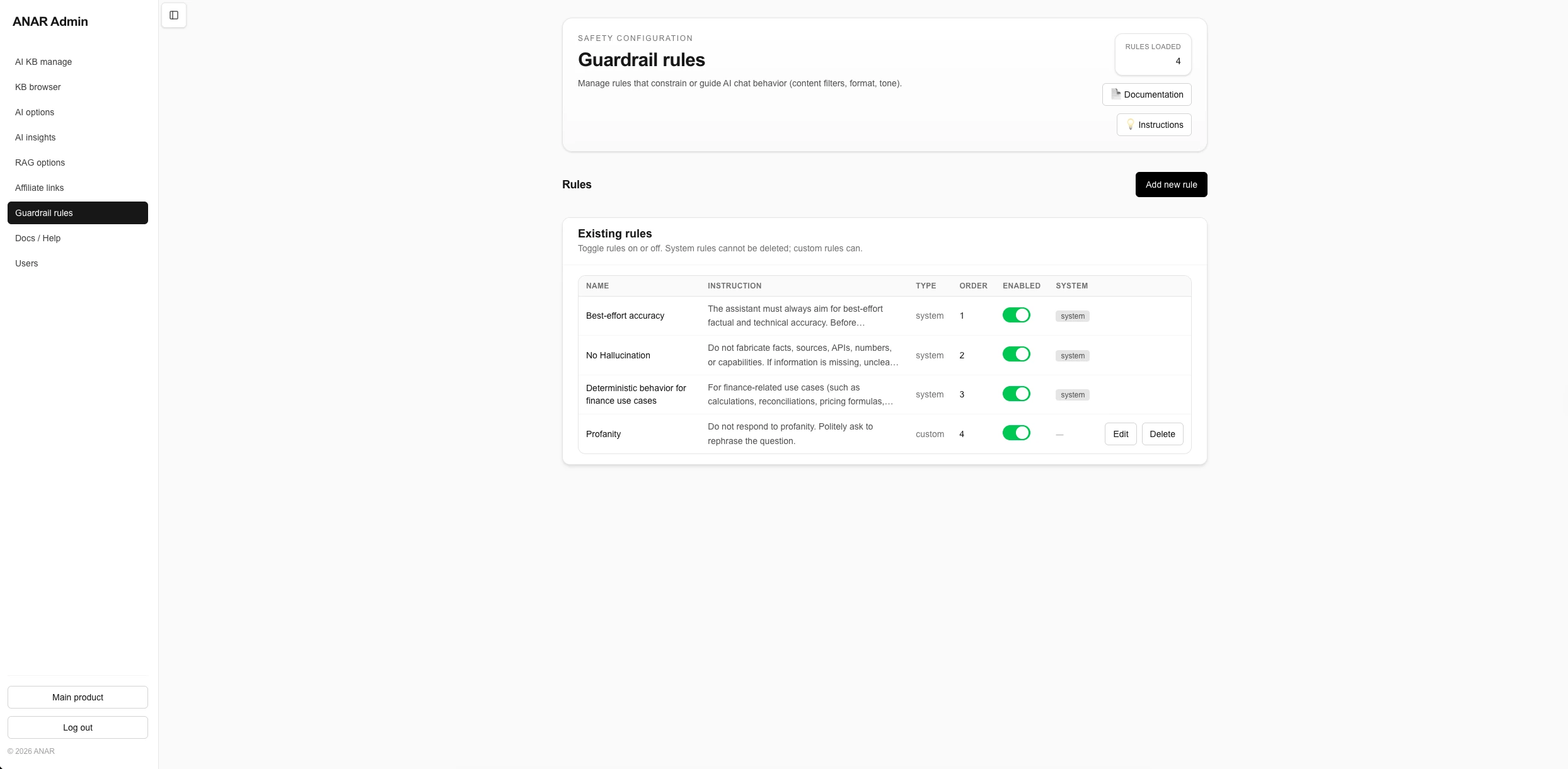 Anar admin guardrail rules controlling AI safety and behaviour
