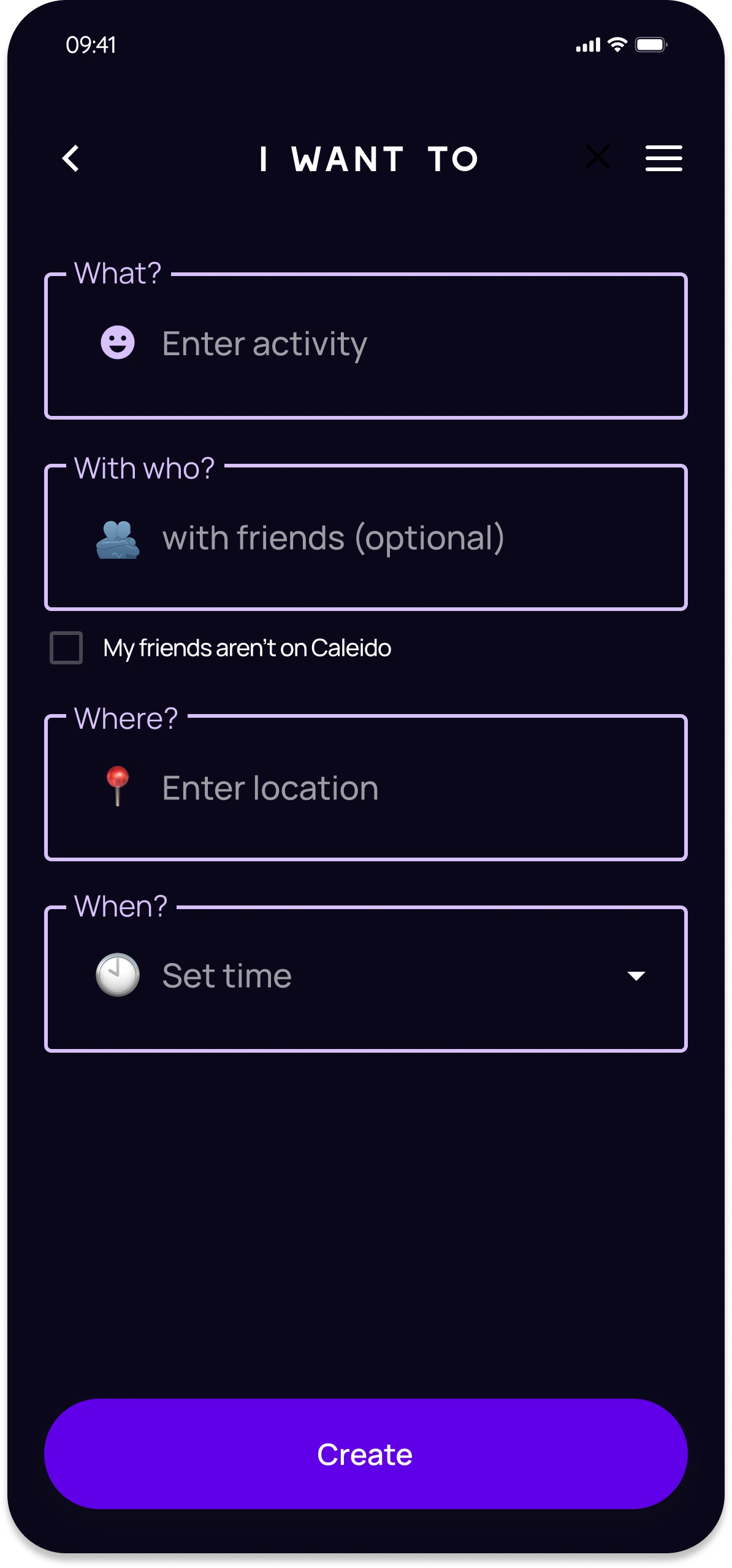 Calido event creation flow with activity, attendees, location and time fields