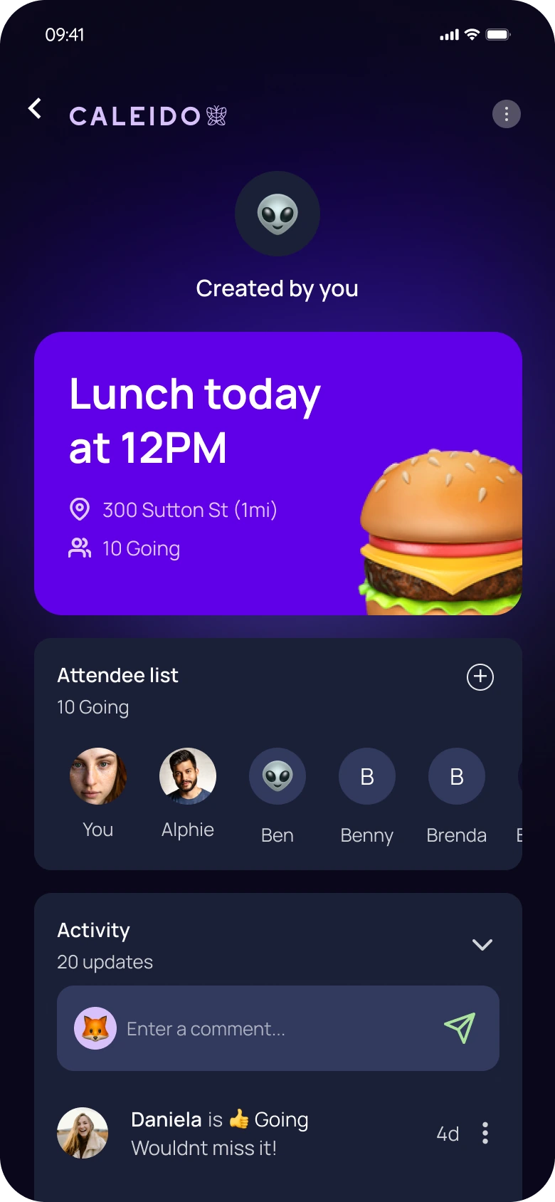 Calido event detail with attendee list and activity feed