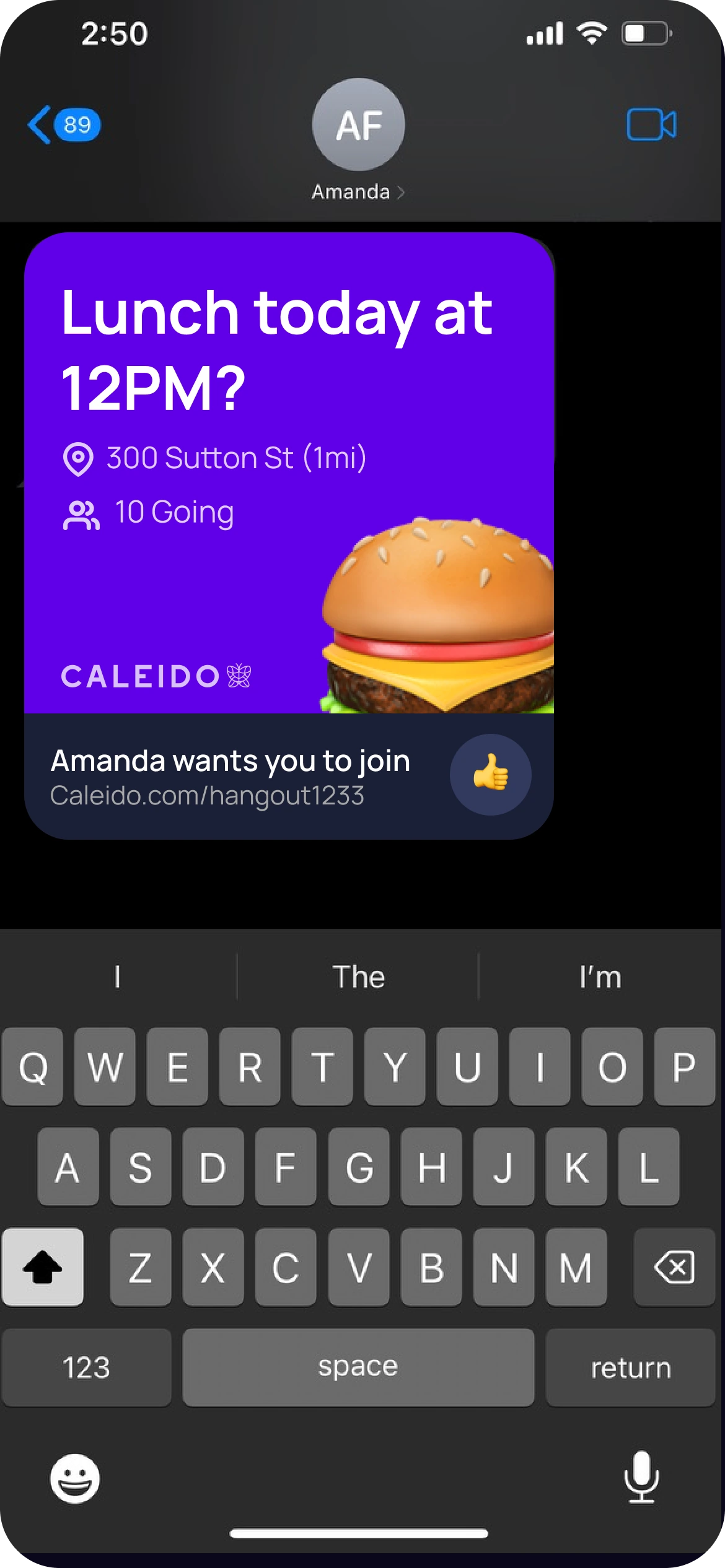 Calido shareable invite rendered as a branded iMessage preview