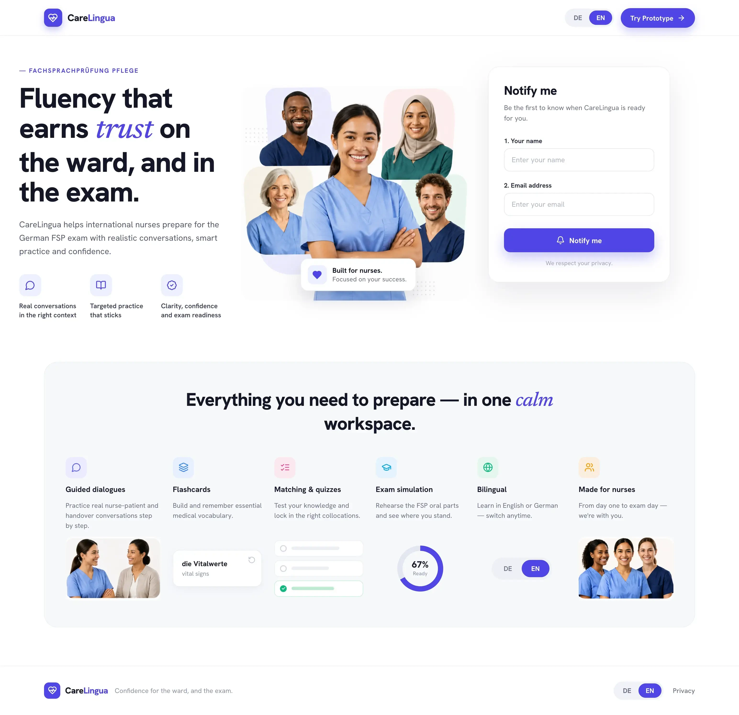 CareLingua landing page — “Fluency that earns trust on the ward, and in the exam” with a Notify me waitlist form and a feature grid covering guided dialogues, flashcards, matching & quizzes, exam simulation and bilingual DE/EN