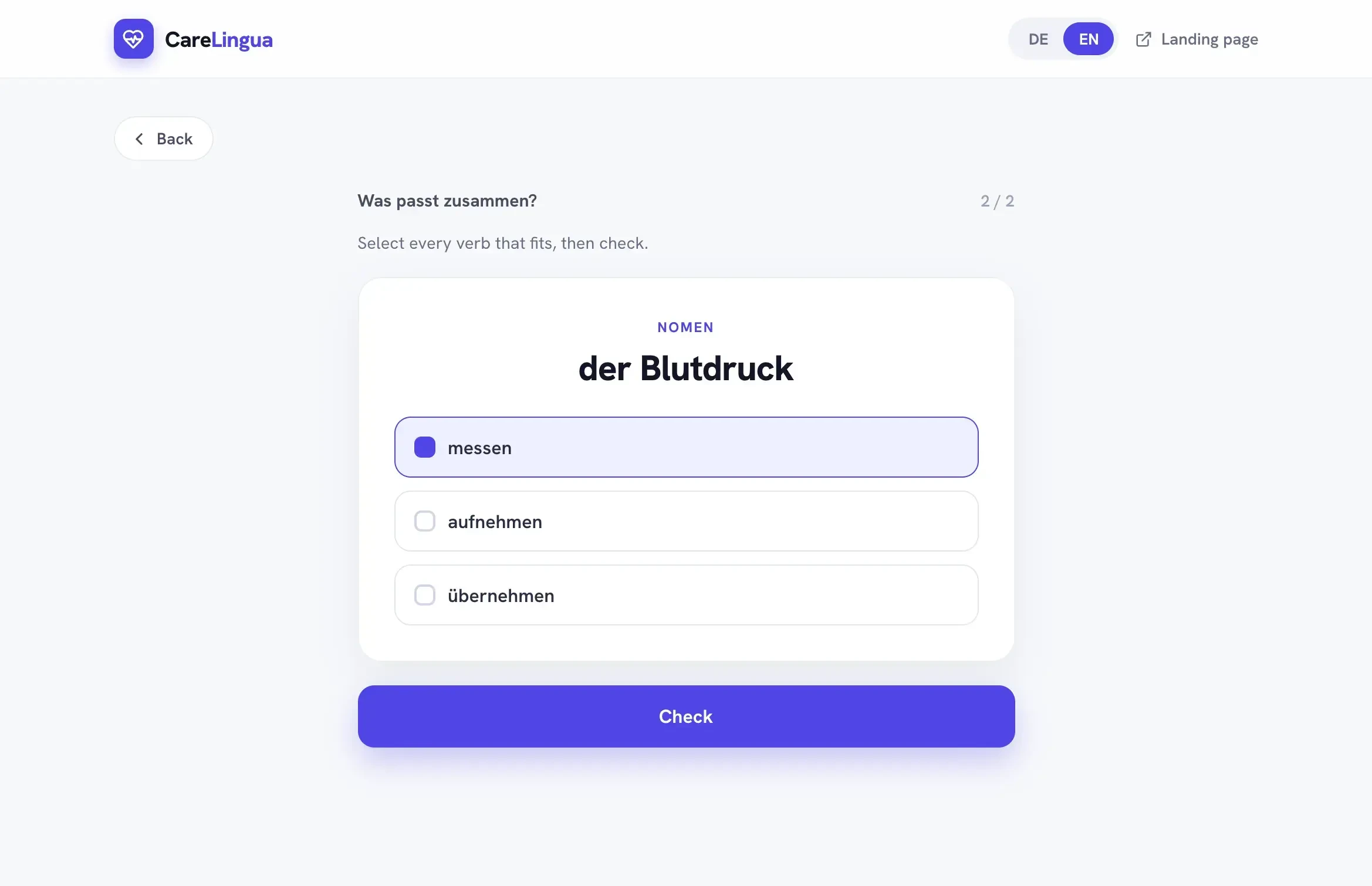CareLingua matching exercise “Was passt zusammen?” — selecting the verbs that collocate with the noun “der Blutdruck”