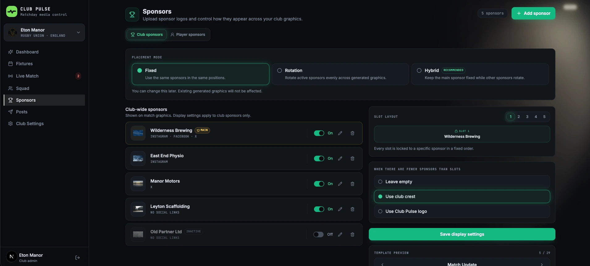 ClubPulse sponsors settings — Fixed, Rotation and Hybrid placement modes, a club-wide sponsor list, and a locked slot layout that composes onto match graphics
