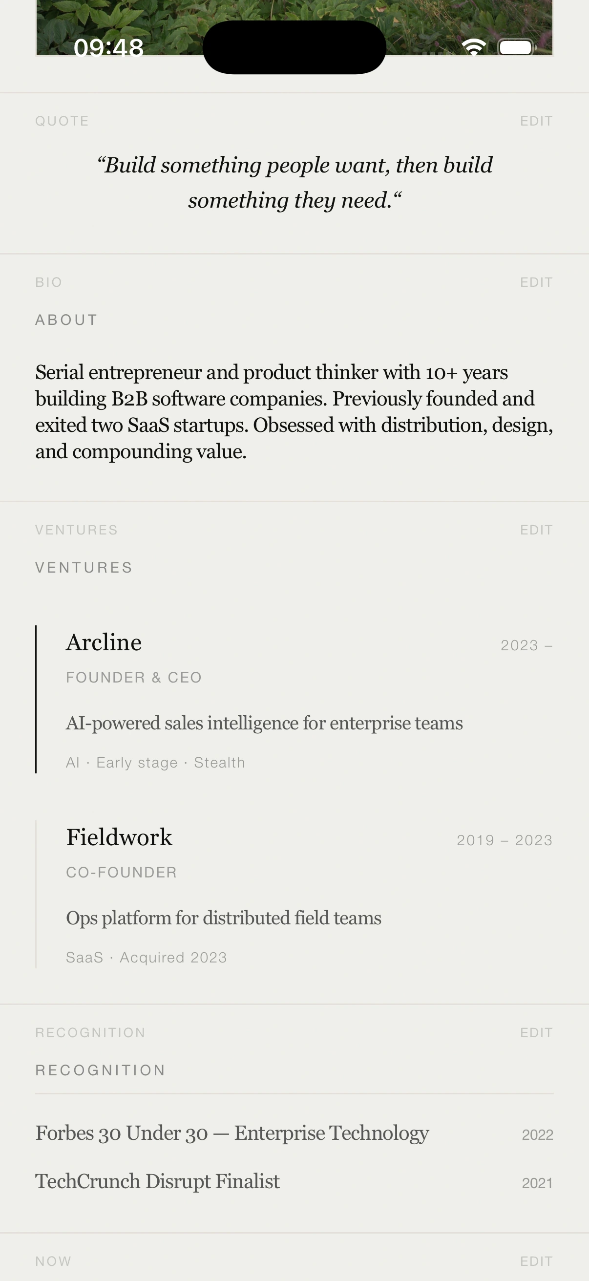 HAIZEL profile editor with quote, about, ventures and recognition blocks