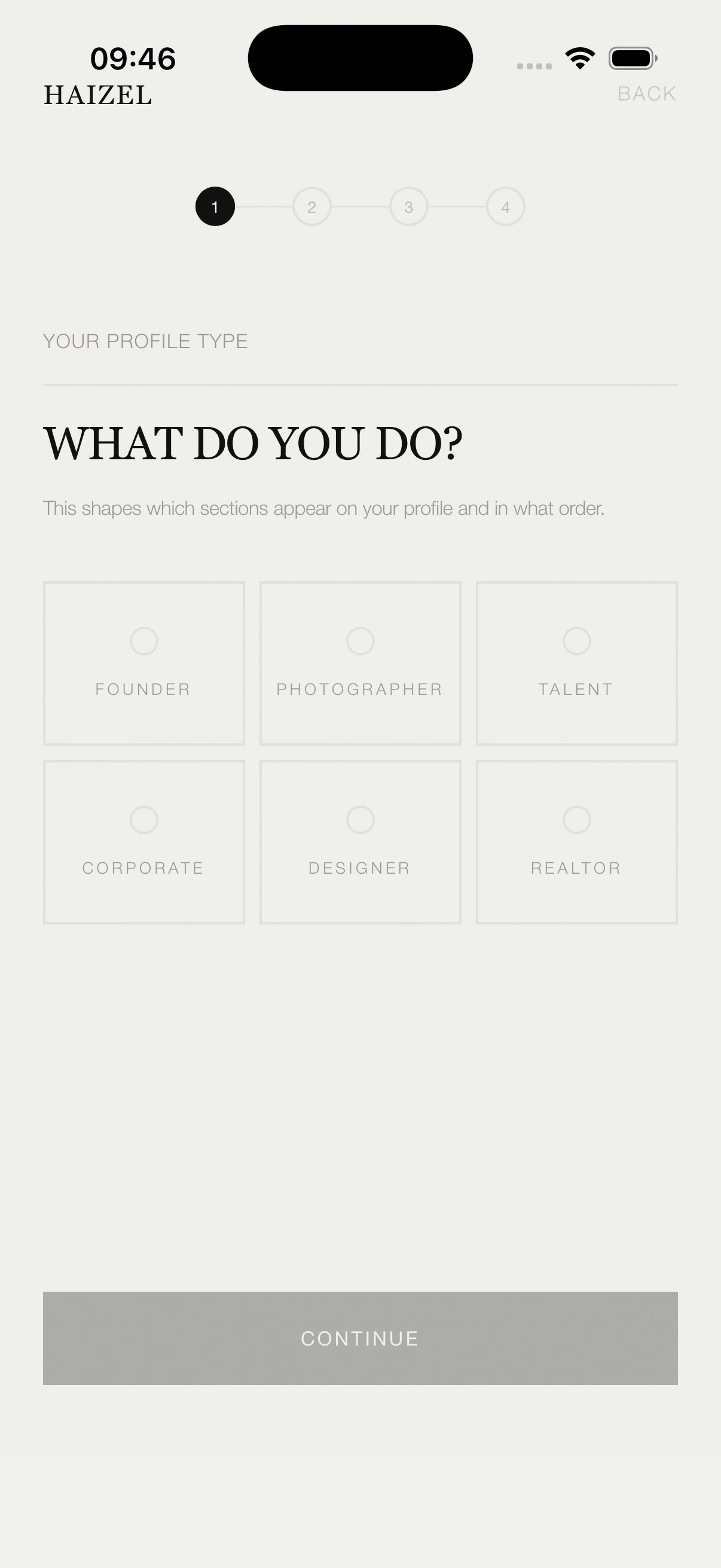 HAIZEL onboarding role picker — founder, photographer, talent, corporate, designer, realtor
