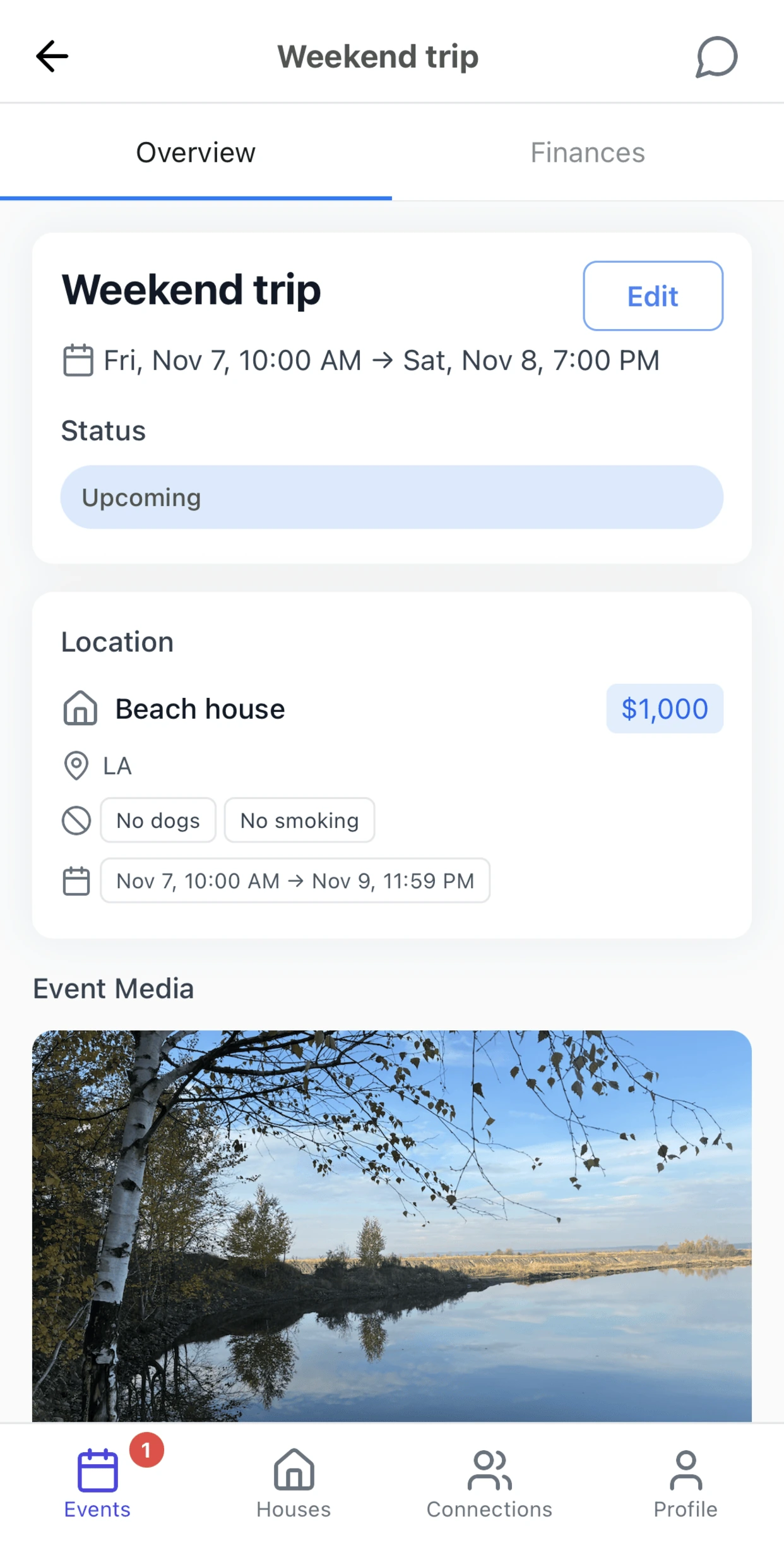 HostMost event detail screen: a weekend trip with status, location and shared media