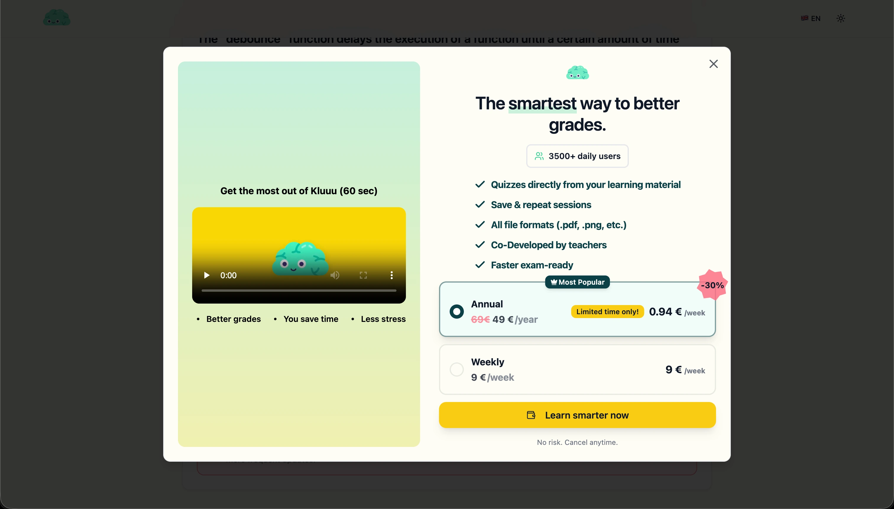 KLUUU Stripe-backed subscription paywall with annual and weekly plans