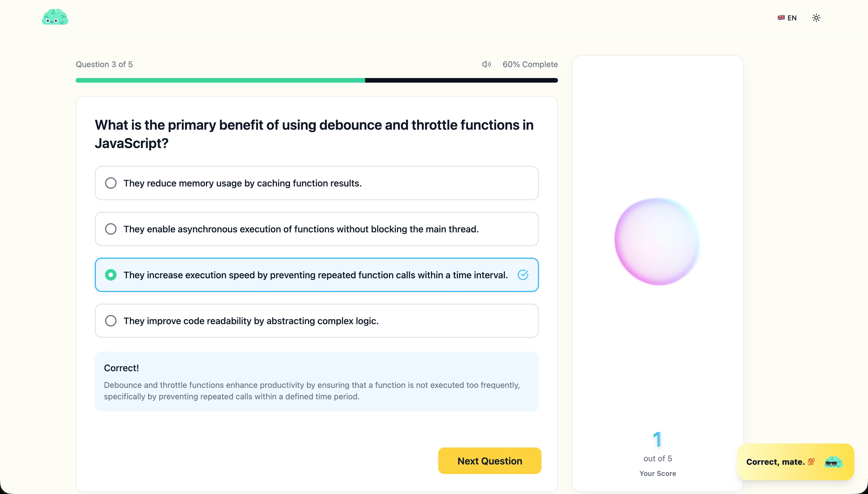 KLUUU live quiz with a multiple-choice question and immediate correctness feedback