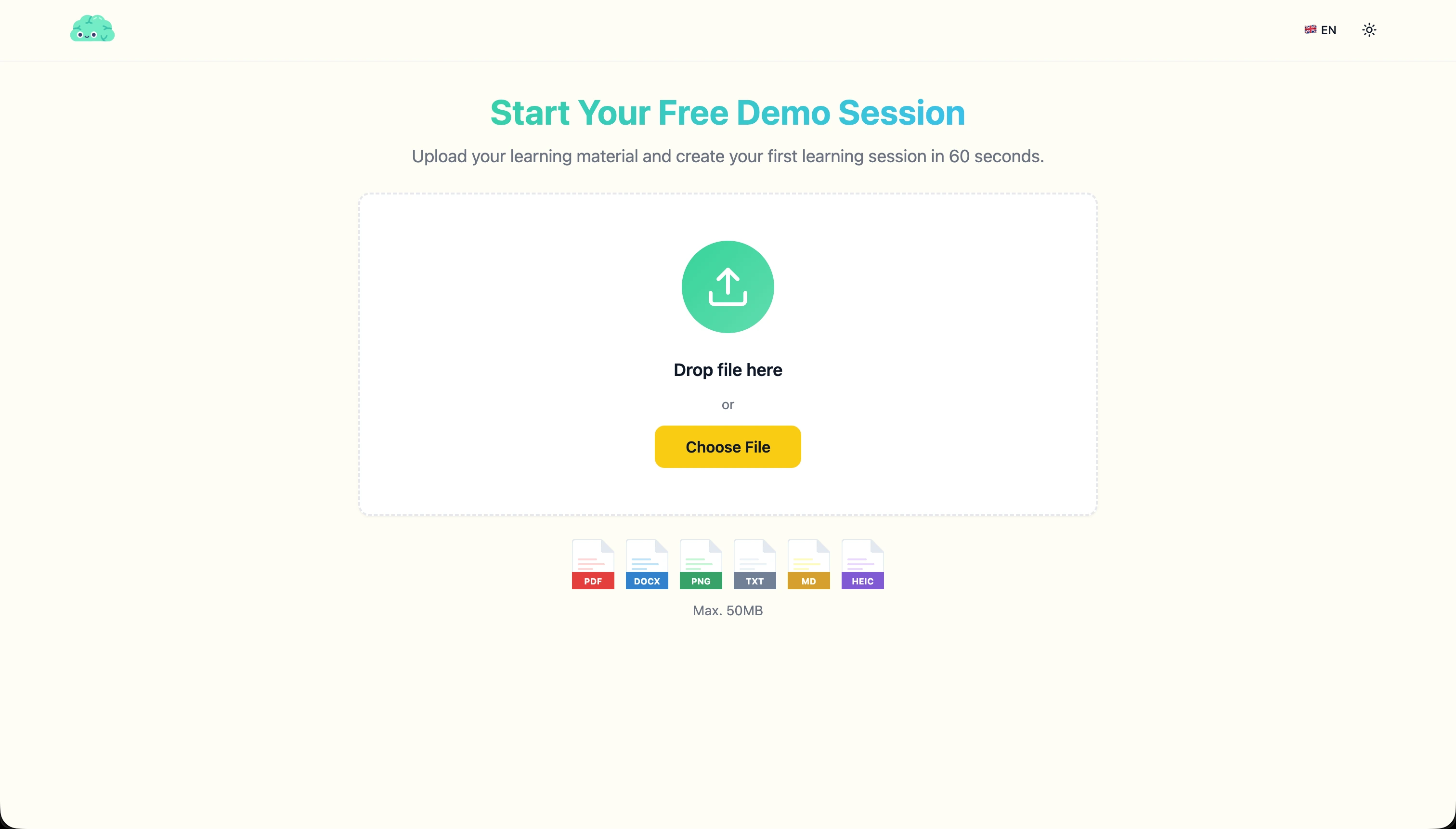 KLUUU upload entry accepting PDF, DOCX, image or text files up to 50 MB