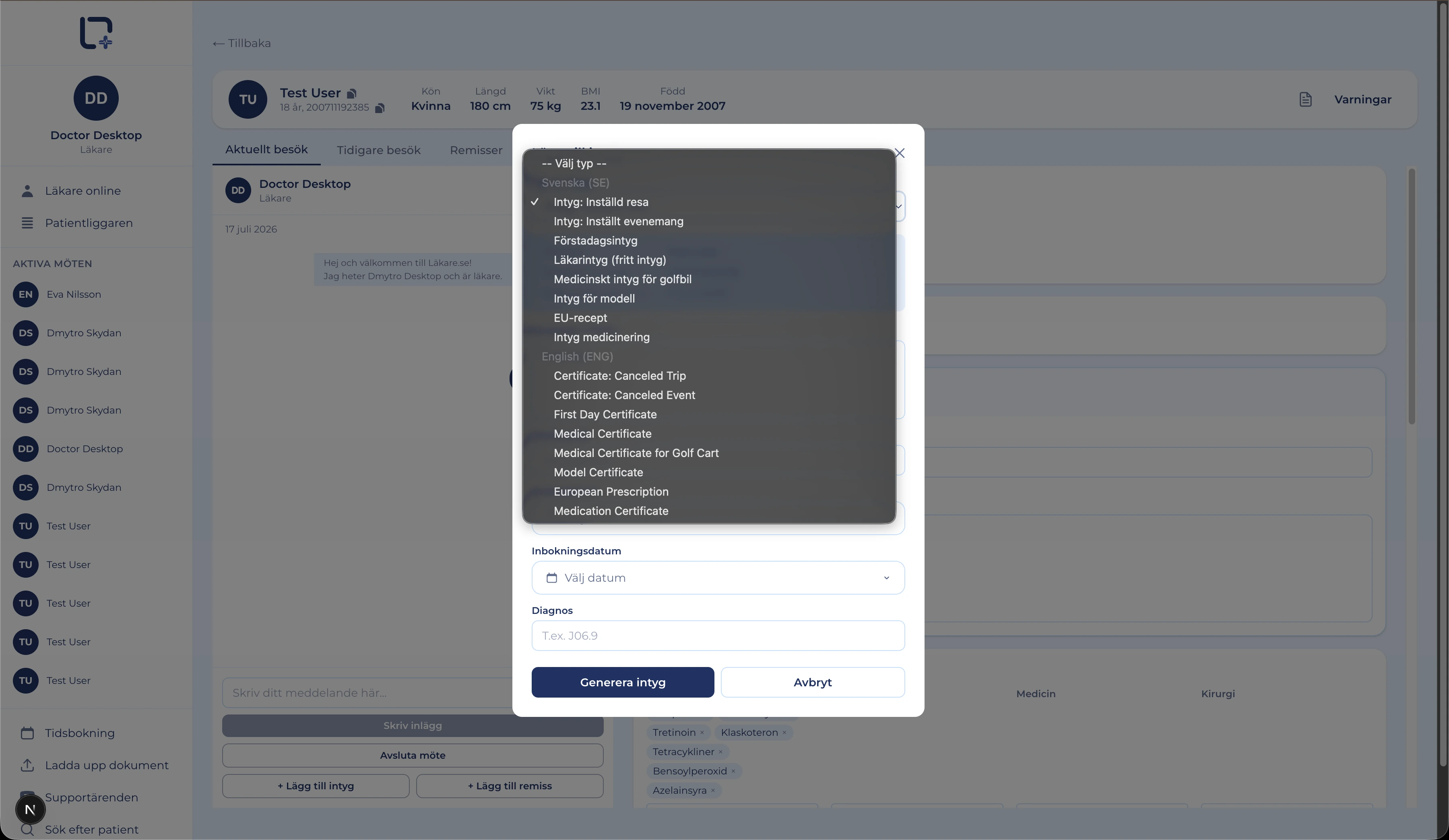 Läkare certificate generator — a dialog to choose a Swedish or English certificate type, booking date and diagnosis before generating the PDF