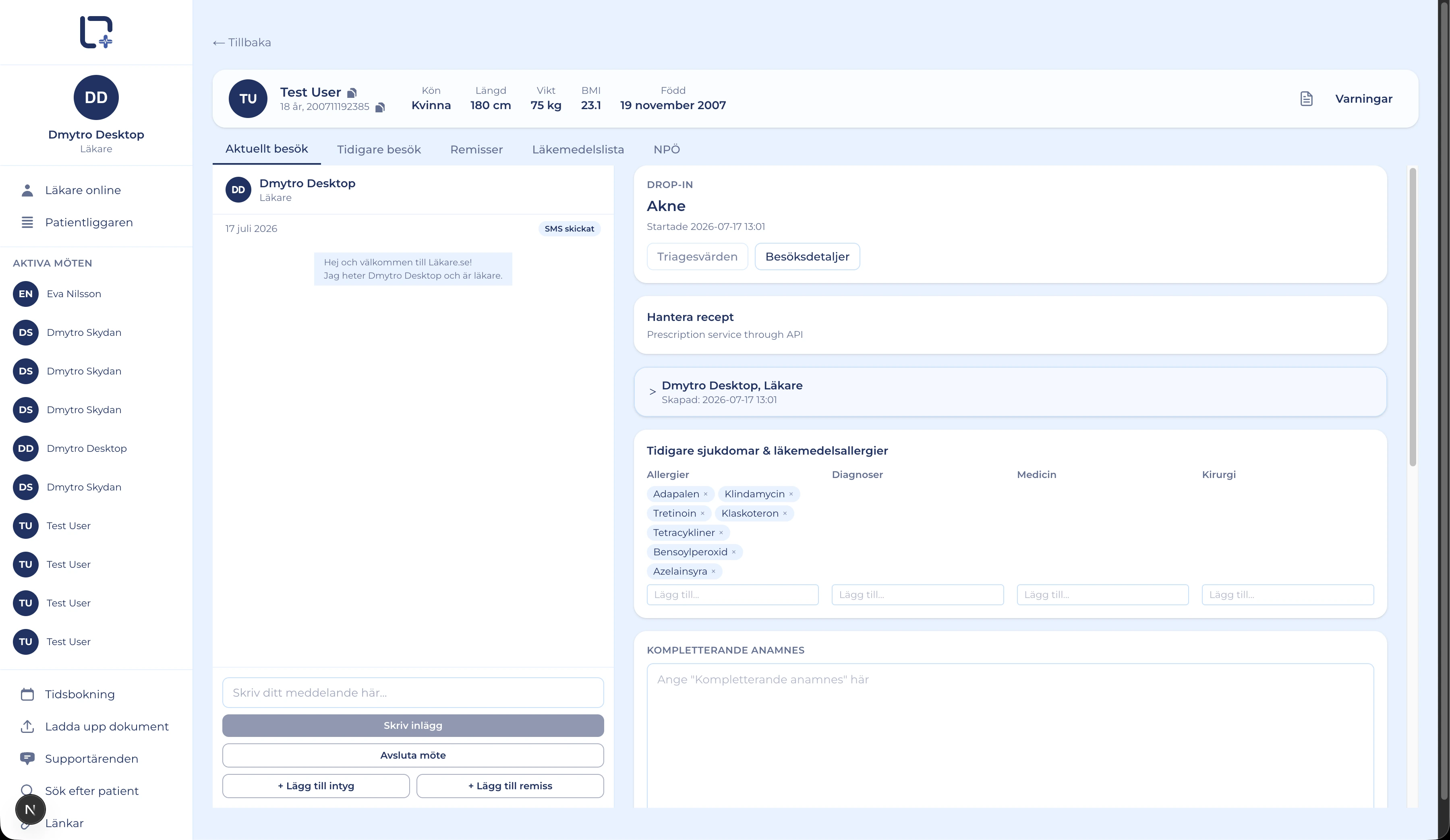Läkare consultation view — patient header with vitals, a doctor–patient chat panel, and a clinical journal with allergies, diagnoses, medications and anamnesis, plus add-certificate and add-referral actions