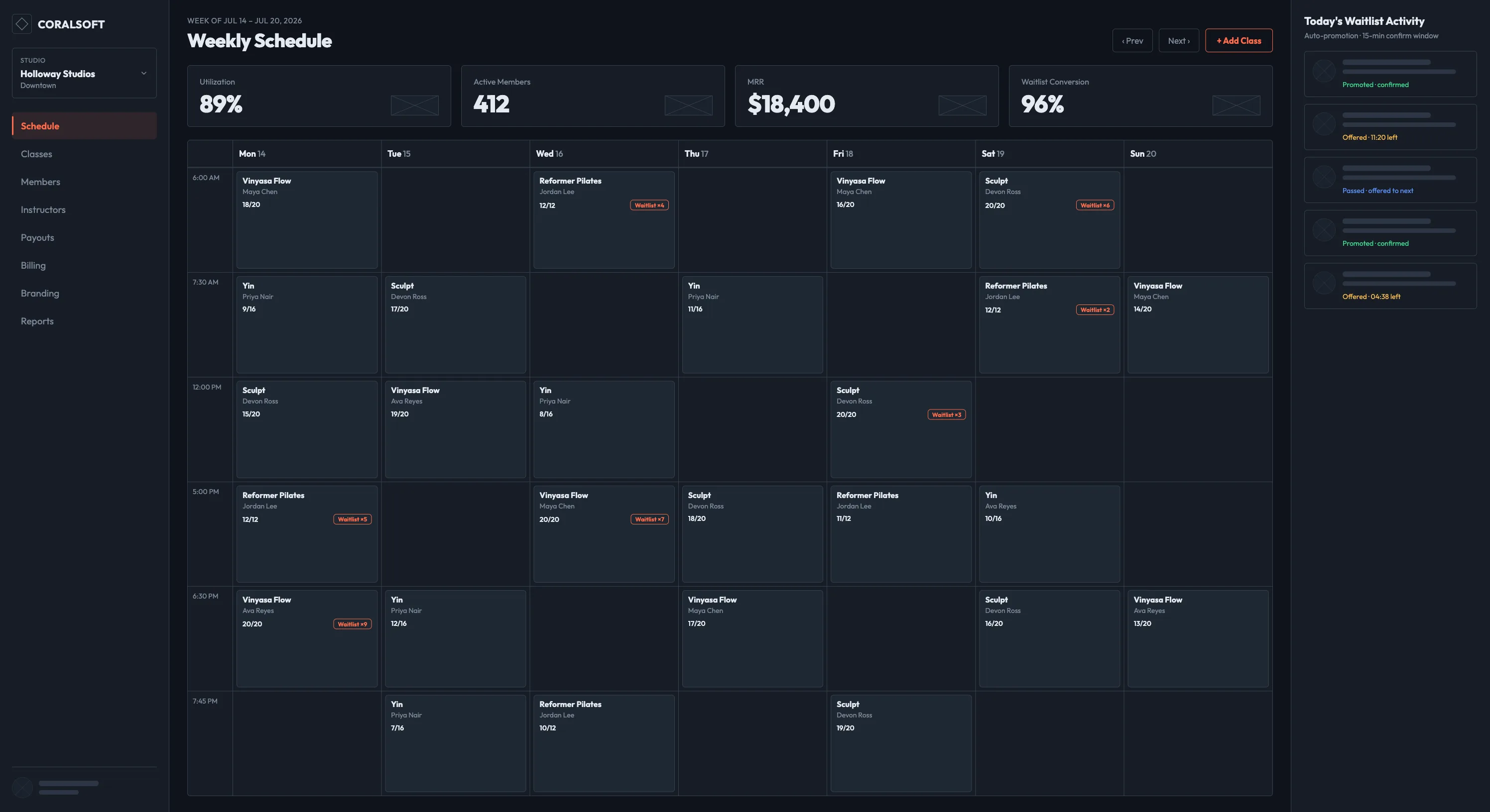 Studio admin panel — weekly class schedule, utilization and MRR, and live waitlist activity